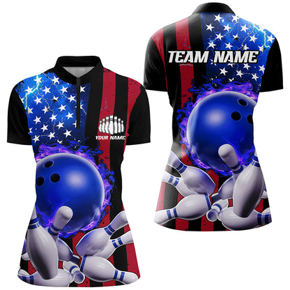 American Flag Thunder Lightning Flame Bowling Ball Custom Women Bowling Team Shirts IPHW6718