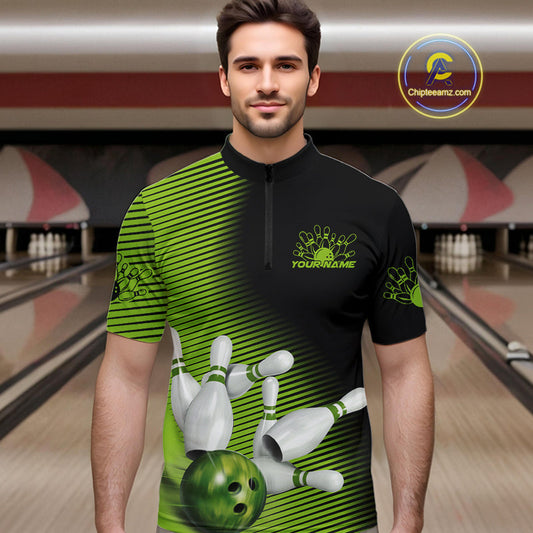 Custom Black And Green Bowling Quarter-Zip Shirts For Men, Green Bowling Jerseys IPHW9400