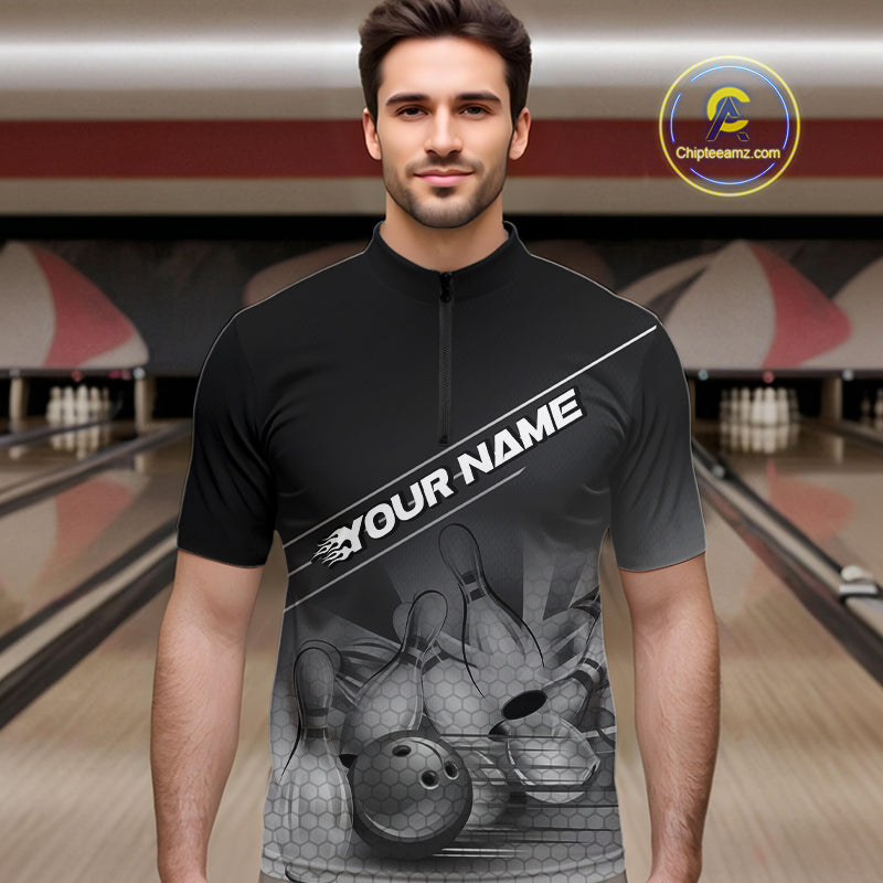 Custom Black And White Bowling Tournament Quarter-Zip Shirts For Men, Bowling Team Shirt IPHW9405