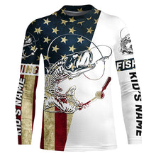 Load image into Gallery viewer, Personalized American Flag Fish Skull Fishing Shirts, Patriotic Long Sleeve Fishing Shirts IPHW7036