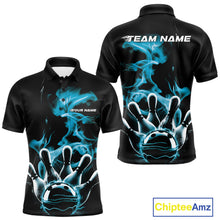 Load image into Gallery viewer, Custom Blue Smoke Bowling Polo Team Shirts For Men, Flame Bowling League Shirt IPHW9565