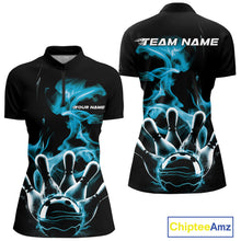 Load image into Gallery viewer, Custom Blue Smoke Bowling Quarter-Zip Team Shirts For Women, Flame Bowling League Shirt IPHW9565