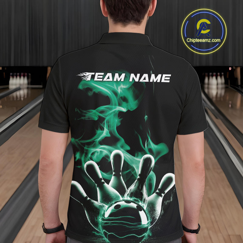 Custom Green Smoke Bowling Polo Team Shirts For Men, Flame Bowling League Shirt IPHW9566