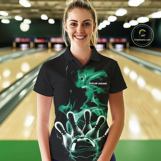 Custom Green Smoke Bowling Polo Team Shirts For Women, Flame Bowling League Shirt IPHW9566