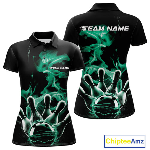 Custom Green Smoke Bowling Polo Team Shirts For Women, Flame Bowling League Shirt IPHW9566