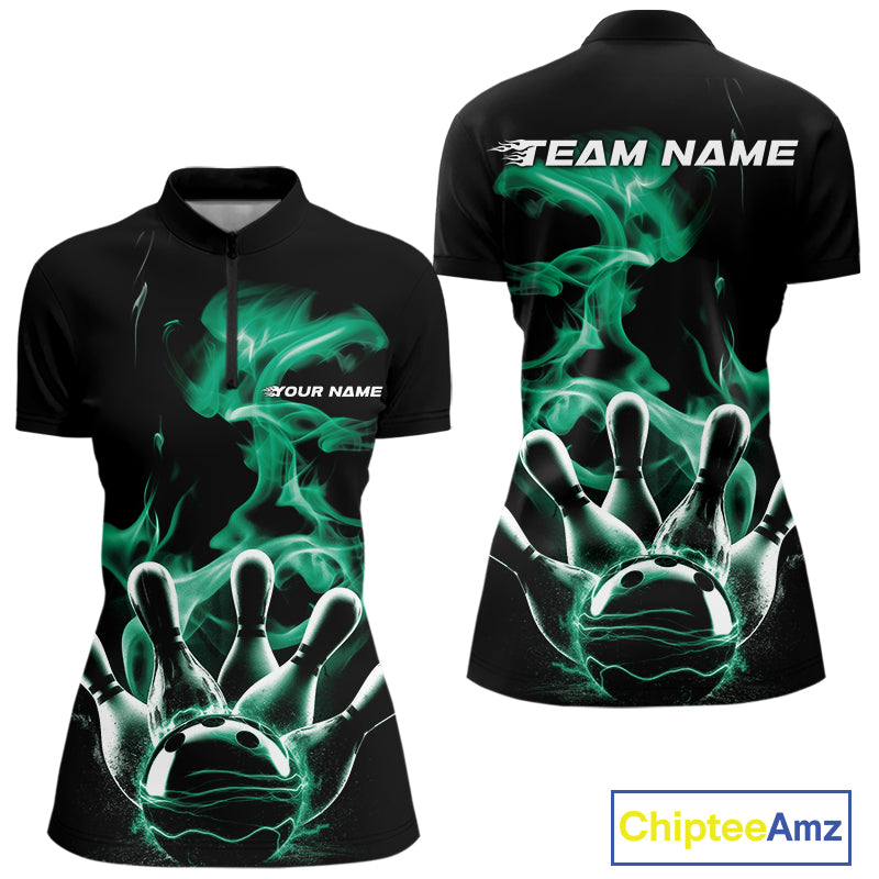 Custom Green Smoke Bowling Quarter-Zip Team Shirts For Women, Flame Bowling League Shirt IPHW9566