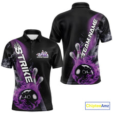 Load image into Gallery viewer, Custom Purple Flame Strike Bowling Team Polo Shirts For Men, Fire Bowling Jerseys IPHW9571
