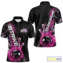 Load image into Gallery viewer, Custom Pink Flame Strike Bowling Team Polo Shirts For Men, Fire Bowling Jerseys IPHW9573