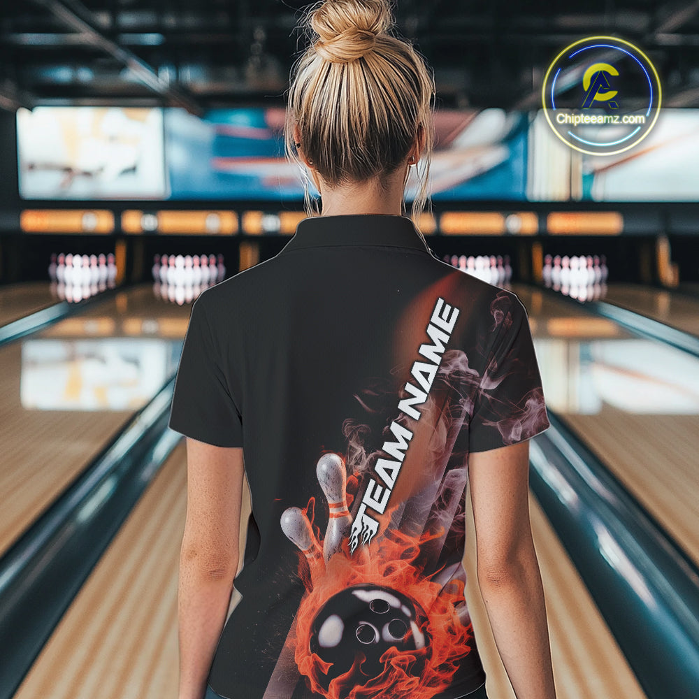 Custom Orange Flame Strike Bowling Team Polo Shirts For Women, Fire Bowling Jerseys IPHW9574