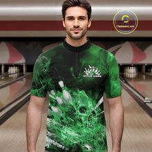 Load image into Gallery viewer, Custom Green Fire Flame Skull Bowling Quarter-Zip Shirts For Men, Halloween Bowling Outfits IPHW9577