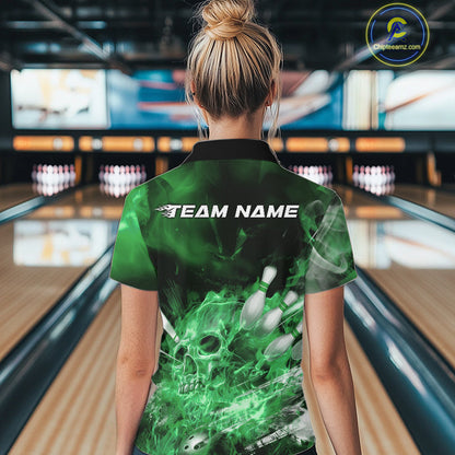 Custom Green Fire Flame Skull Bowling Women Quarter-Zip Shirt, Halloween Bowling Outfits IPHW9577