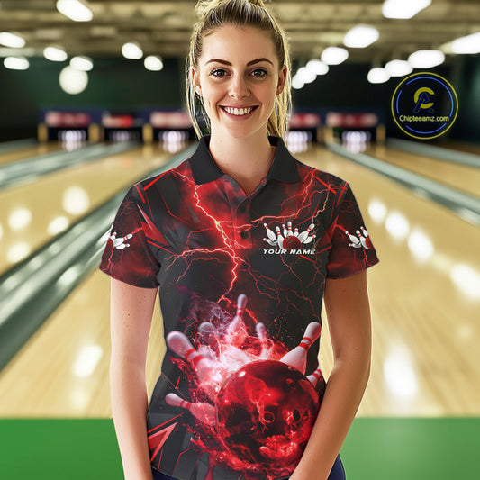 Custom Red Thunder Lightning Bowling Team Polo Shirts For Women, Red Bowling Jerseys IPHW9581