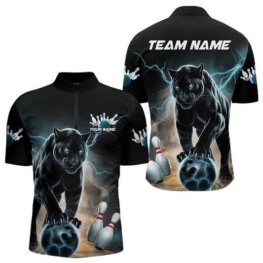 Blue Thunder Lightning Custom Panther Bowling Quarter-Zip Shirts For Men, Bowling Team Uniform IPHW8268