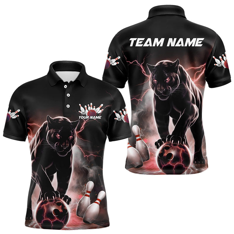 Red Thunder Lightning Custom Panther Bowling Polo Shirts For Men, Bowling Team Uniform IPHW8270