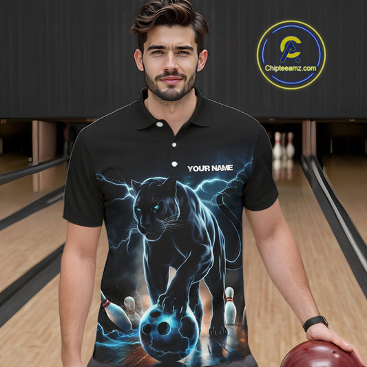Blue Thunder Lightning Custom Panther Bowling Polo Shirts For Men, Panther Bowling Jerseys IPHW8271