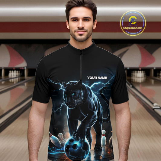 Blue Thunder Lightning Custom Panther Bowling Quarter-Zip Shirts For Men, Panther Bowling Jerseys IPHW8271