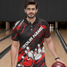Load image into Gallery viewer, Grunge Black And Red Custom Flame Bowling Team Polo Shirts For Men, Bowling League Shirt IPHW8524