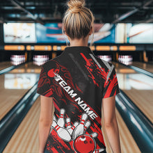 Load image into Gallery viewer, Grunge Black And Red Custom Flame Bowling Team Polo Shirts For Women, Bowling League Shirt IPHW8524