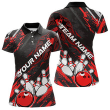 Load image into Gallery viewer, Grunge Black And Red Custom Flame Bowling Team Polo Shirts For Women, Bowling League Shirt IPHW8524