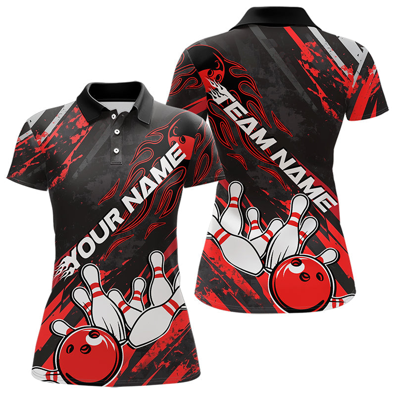Grunge Black And Red Custom Flame Bowling Team Polo Shirts For Women, Bowling League Shirt IPHW8524