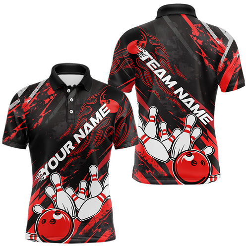 Grunge Black And Red Custom Flame Bowling Team Polo Shirts For Men, Bowling League Shirt IPHW8524