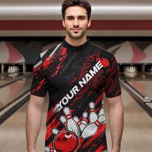 Load image into Gallery viewer, Grunge Black And Red Custom Flame Bowling Team Quarter-Zip Shirts For Men, Bowling League Shirt IPHW8524