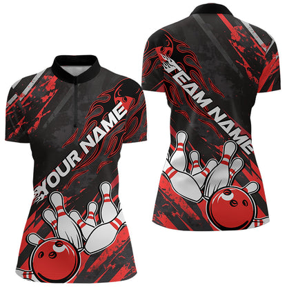 Grunge Black And Red Custom Flame Bowling Team Womens Quarter-Zip Shirts, Bowling League IPHW8524