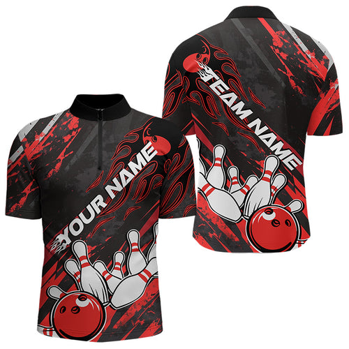 Grunge Black And Red Custom Flame Bowling Team Quarter-Zip Shirts For Men, Bowling League Shirt IPHW8524