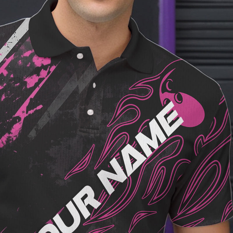 Grunge Black And Pink Custom Flame Bowling Team Polo Shirts For Men, Bowling League Shirt IPHW8525