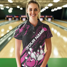 Load image into Gallery viewer, Grunge Black And Pink Custom Flame Bowling Team Polo Shirts For Women, Bowling League Shirt IPHW8525