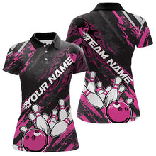 Load image into Gallery viewer, Grunge Black And Pink Custom Flame Bowling Team Polo Shirts For Women, Bowling League Shirt IPHW8525
