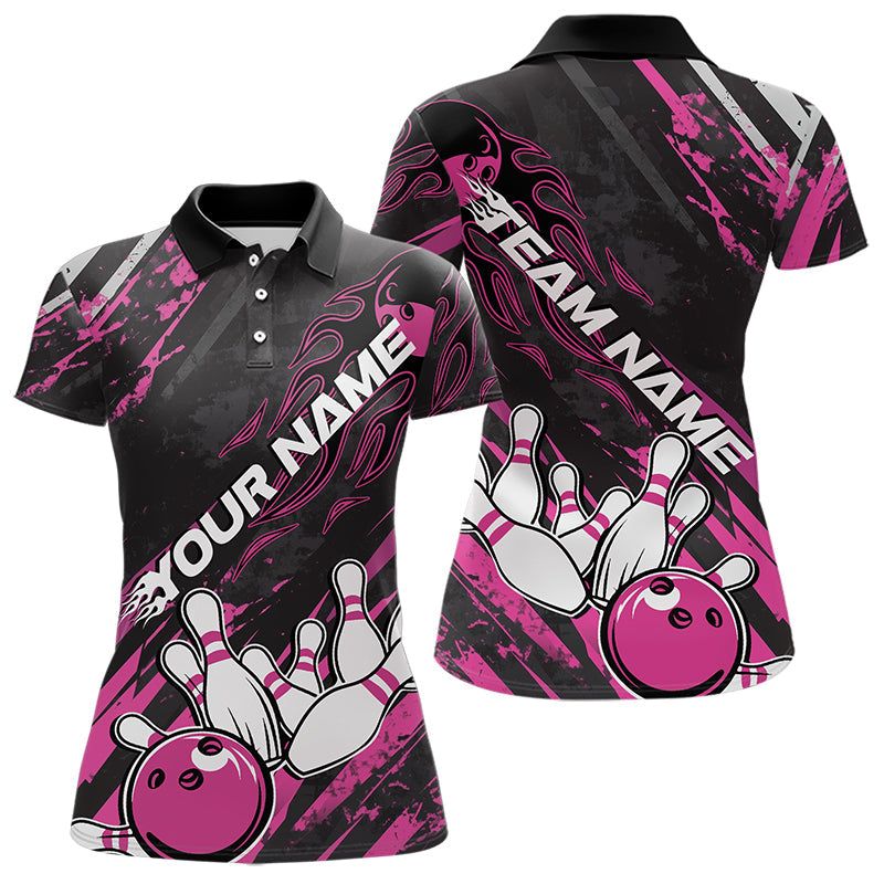 Grunge Black And Pink Custom Flame Bowling Team Polo Shirts For Women, Bowling League Shirt IPHW8525