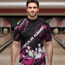 Load image into Gallery viewer, Grunge Black And Pink Custom Flame Bowling Team Quarter-Zip Shirts For Men, Bowling League Shirt IPHW8525