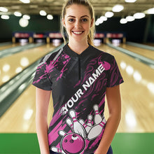 Load image into Gallery viewer, Grunge Black And Pink Custom Flame Bowling Team Womens Quarter-Zip Shirts, Bowling League IPHW8525