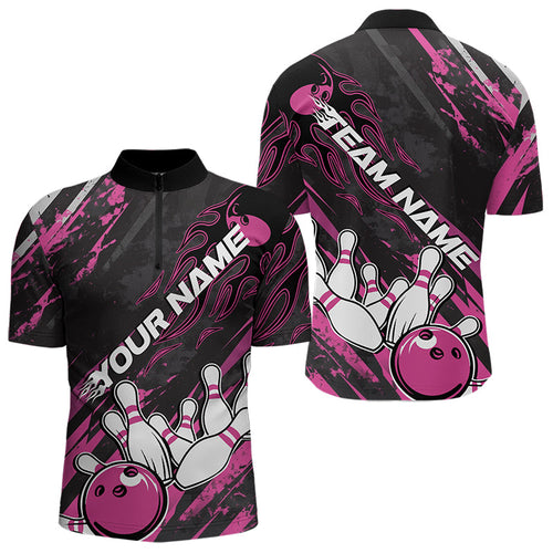 Grunge Black And Pink Custom Flame Bowling Team Quarter-Zip Shirts For Men, Bowling League Shirt IPHW8525
