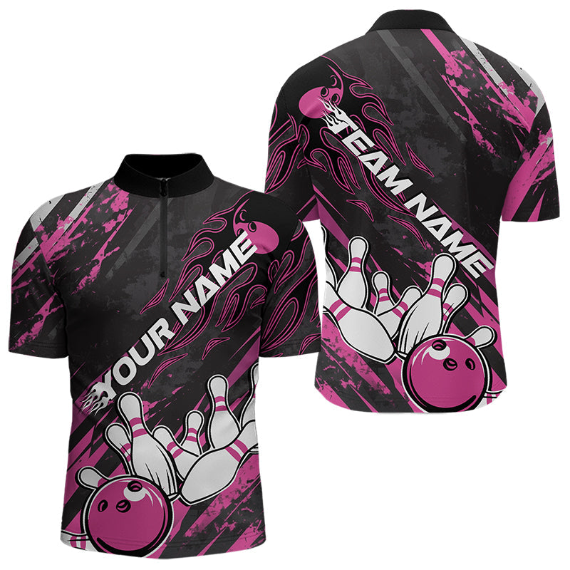 Grunge Black And Pink Custom Flame Bowling Team Quarter-Zip Shirts For Men, Bowling League Shirt IPHW8525