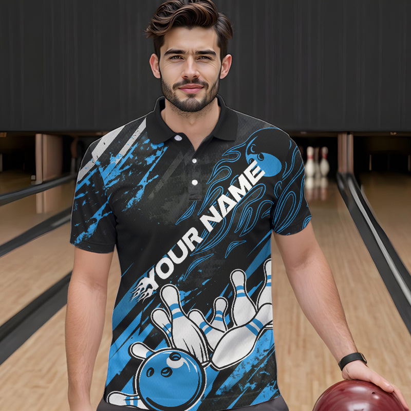 Grunge Black And Blue Custom Flame Bowling Team Polo Shirts For Men, Bowling League Shirt IPHW8526