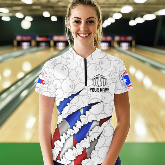 Personalized Puerto Rico Flag Bowling Women Quarter-Zip Shirts, Puerto Rico Bowling Jerseys IPHW8725
