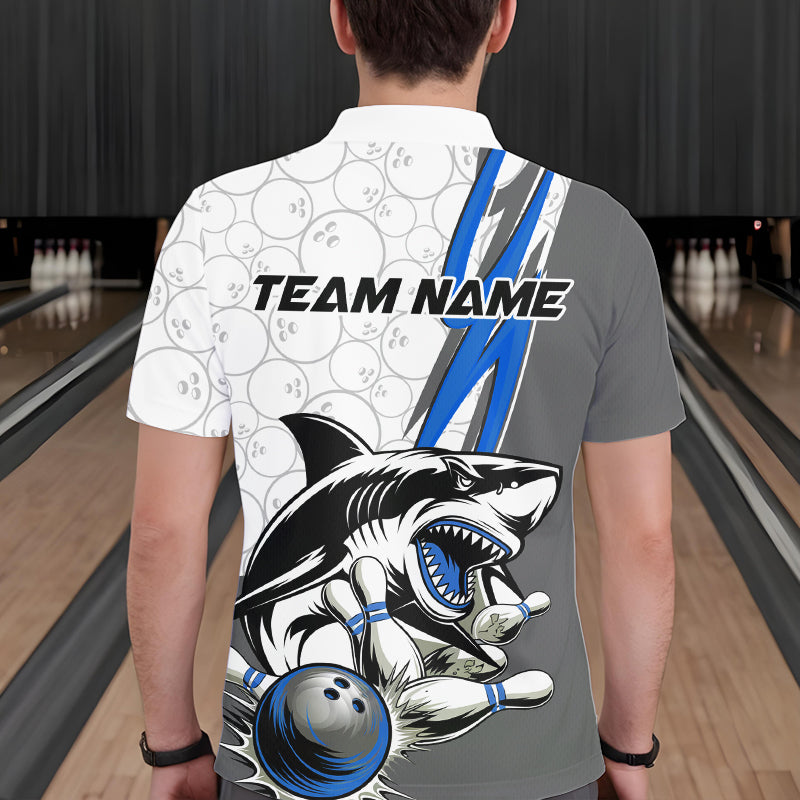 Custom Blue Shark Bowling Polo Shirts For Men, Shark Bowling Team Tournament Outfits IPHW8729