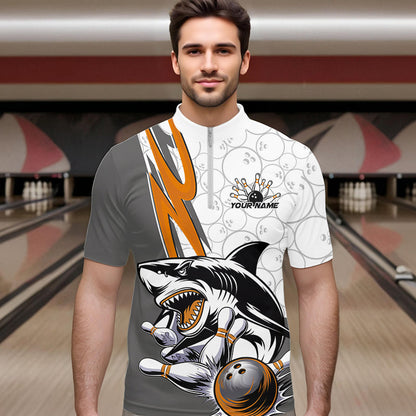Custom Orange Shark Bowling Quarter-Zip Shirts For Men, Shark Bowling Team Tournament Outfits IPHW8730