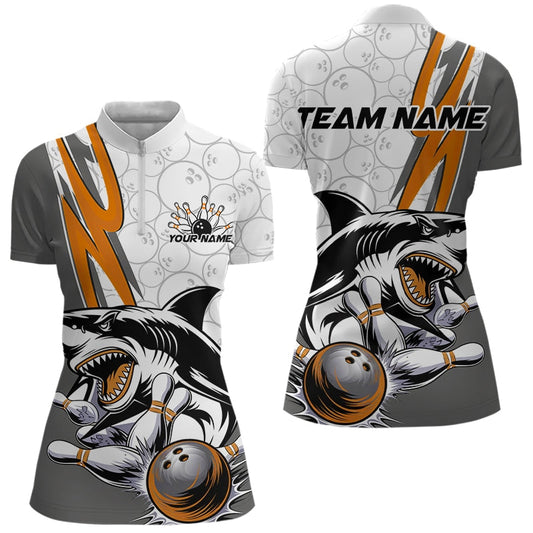 Custom Orange Shark Bowling Women Quarter-Zip Shirts, Shark Bowling Team Tournament Outfits IPHW8730