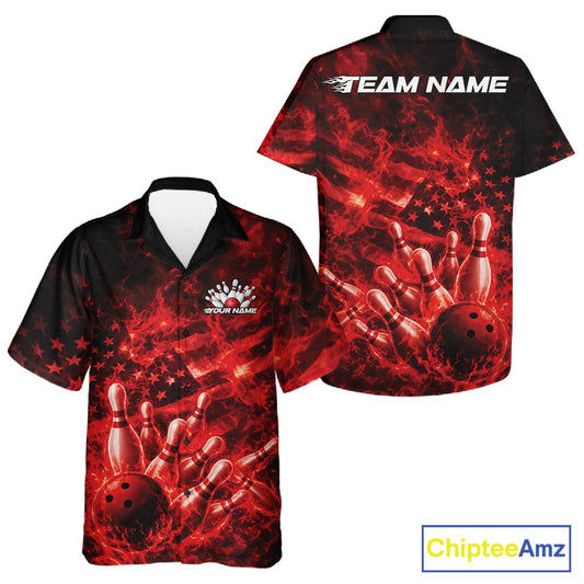 Black and red button-up bowling shirt shown front and back with bowling ball, pins, flames, and flag-inspired graphics.