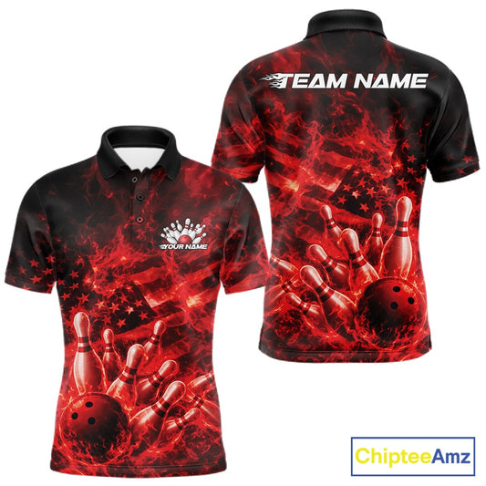 Front and back mens black and red bowling polo featuring a bowling ball crashing through pins with flames and American flag artwork.