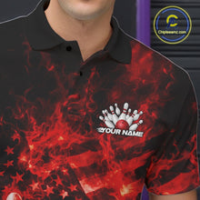 Load image into Gallery viewer, Custom Red Fire Patriotic Bowling Team Men Polo Shirt, American Flag Flame Bowling Jersey IPHW11107