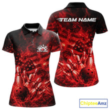 Load image into Gallery viewer, Front and back womens black and red bowling polo featuring a bowling ball crashing through pins with flame and flag artwork.