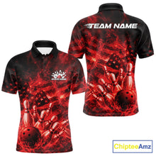Load image into Gallery viewer, Custom Red Fire Patriotic Bowling Team Men Polo Shirt, American Flag Flame Bowling Jersey IPHW11107