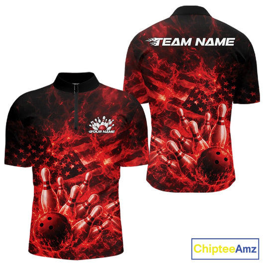 Front and back mens black and red bowling quarter-zip featuring a bowling ball crashing through pins with flame effects and American flag artwork.
