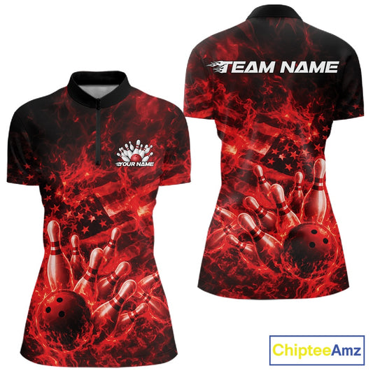 Front and back womens black and red bowling quarter-zip featuring a bowling ball crashing through pins with flames and American flag artwork.