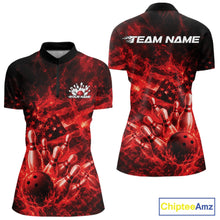 Load image into Gallery viewer, Custom Red Fire Patriotic Bowling Team Women Shirt, American Flag Flame Bowling Jersey IPHW11107
