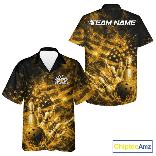 Front and back black and yellow button-up bowling shirt featuring fiery bowling strike artwork with an American flag backdrop.
